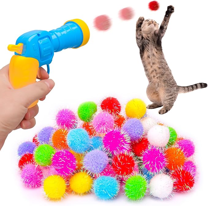 BooTaa Pet Toys, Interactive Cat Toy Set, 80pcs Glitter Pom-Poms Cat Ball Toy with 1 Launcher, Safe Soft Cat Toy Balls for Fetch, Training, Playing