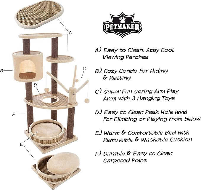 6-Tier Cat Tower- Cushioned Pet Bed, Napping Perches, Kitty Condo Hut, and Spring Arms with 3 Hanging Toys Fully Carpeted by PETMAKER (Brown/Beige)