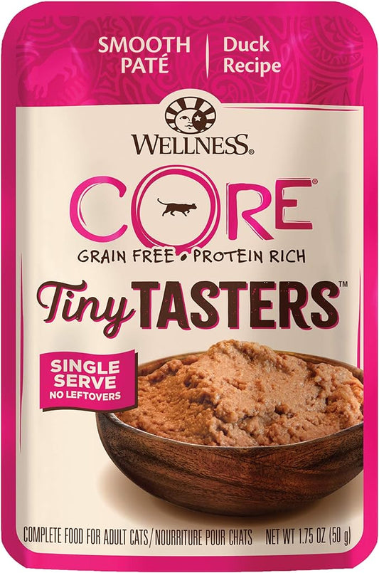 Wellness CORE Tiny Tasters Pate Adult Wet Cat Food, Natural, Protein-Rich, Grain Free, 1.75-Ounce Pouch, 12 Pack, (Duck Pate)