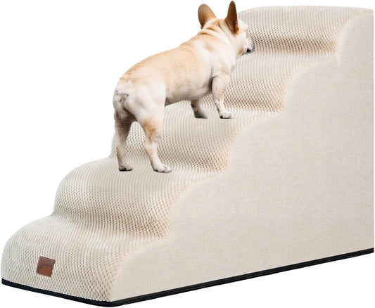 GoGoBunny Ramp Dog Stairs for High Beds 22.6" H, 5-Step Dog Slope Stairs with Durable Waterproof Fabric Cover, Pet Steps for Old Large Dogs Climbing, Non-Slip Sturdy Indoor Step, Beige