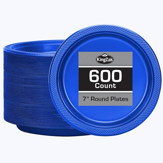 Blue Plastic Plates 7 Inch - 600 count Solid Round Party For Weddings, BBQs, Birthday Disposable Dessert (82270 (case))