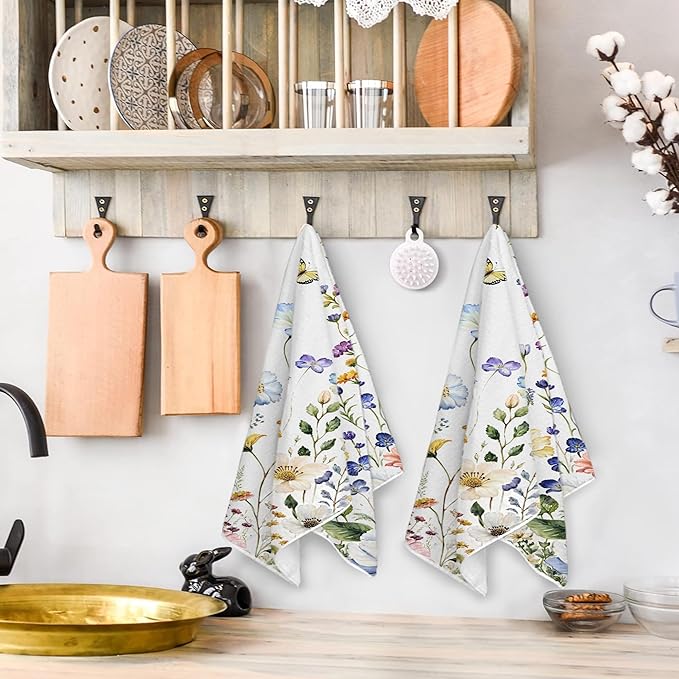 kampdream Faxdong Floral Hand Towel Set of 2, Watercolor Wildflower Botanical Plant Leaves Design Soft Absorbent Towels for Home Hotel Gym Spa Bathroom, Multi5 16×27 inch