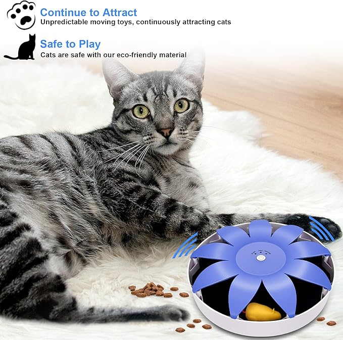 FluffyDream Automatic Electric Magnetic Spinning Cat Toys, Interactive, Rotation Cat Exercise Teaser Toy with Emulational Mouse, Fluffy Tails, Toys for Indoor Cats, Pets, 9.65” x 9.65” x 2.36”, Blue