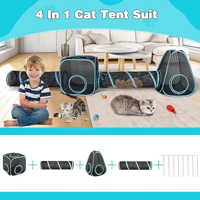 9.45FT Outdoor Cat Enclosures Portable Cat Playhouse, Pop Up Cat Tent with 33.86x 11.81IN Double Cat Tunnels DIY in Multiple Ways, Cat Playpen Play Tents for Cats Rabbits and Small Animals
