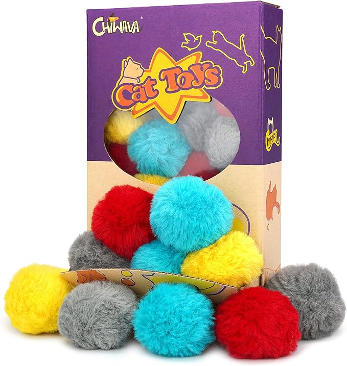 CHIWAVA 24PCS 1.8" Catnip Furry Cat Toys Ball Soft Pom Pom Balls Kitten Chasing Quiet Play Assorted Color