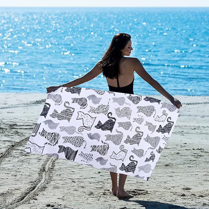LIVILAN Cat Kitten Beach Towel, Soft Microfiber, 30'x60', Quick Dry, Sand Proof, Perfect for Women, Anime Picnic, Bath, Pool, Yoga, Cute Cat Hello Kitty Design, Ideal Gifts