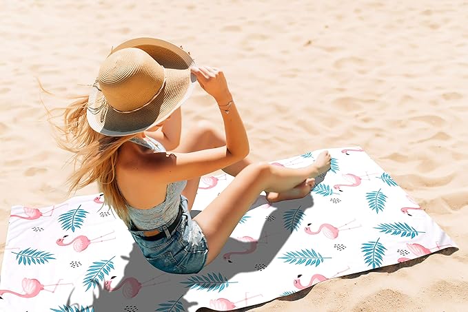 LIVILAN Flamingo Beach Towel, 30" x 60" Oversized, Lightweight Microfiber, Quick Dry, Sand Free, Perfect for Pool, Swim, Bath, Cute White Chalk Paint Design, Ideal Flamingo Gifts