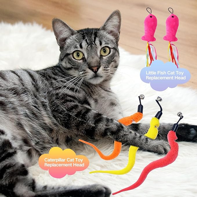 8pcs Replacement Teaser with Bell and 2pcs Retractable Cat Toys Wand(Red),Cat Feather Toys for Indoor Cats and Outdoor Cats.