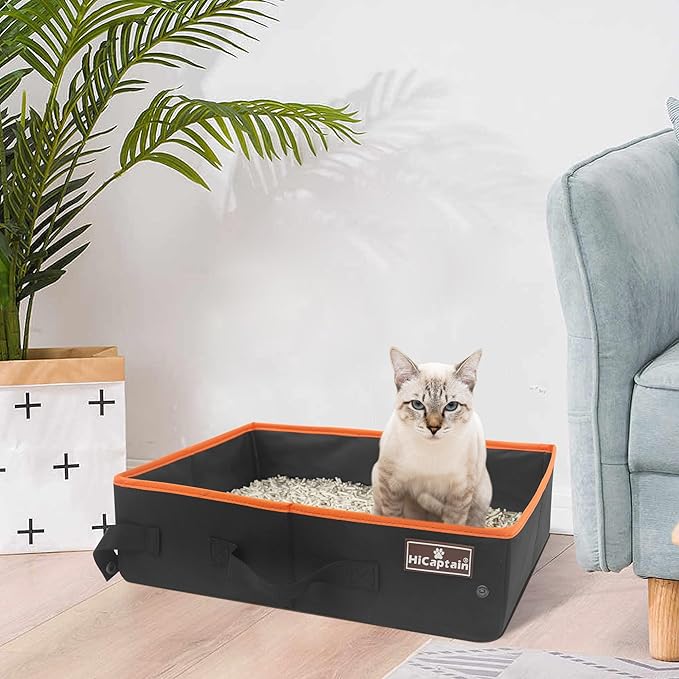 HiCaptain Portable Cat Litter Box, Foldable Litter Box for Travel in Car, Collapsible Toliet Tray Carrier for Small Medium Cats - Medium Black, 006M