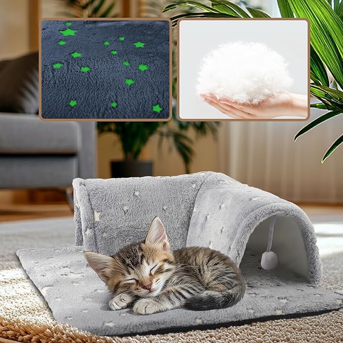 Kitten Tunnel Bed Mat, Glow in The Dark Kitten Bed for Indoor Kittens, Perfect Kitten Gift Toy with 3D Memory Foam, Detachable & Machine Washable, Non-Slip Bottom, Gray S