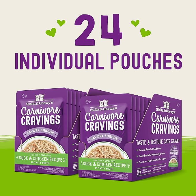 Stella & Chewy's Carnivore Cravings Wet Cat Food Pouches – Grain Free, Protein Rich Meal, Topper or Treat – Duck & Chicken Recipe, 2.8 Ounce Pouches, (Pack of 24)