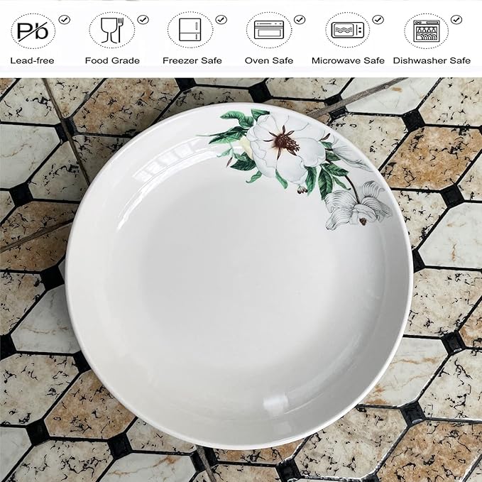 5 Pack Ceramic Plates with Lotus Pattern, 7.12 inch Large Dessert Salad Porcelain Dinner Plates, Ceramic Dessert Dishes for Steak, Pasta, Pizza, Appetizer ( Dishwasher & Microwave Safe Dinnerware)