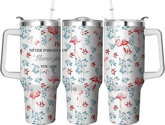 40 Oz Flamingo Tumbler with Handle and Straw, Flamingo Cup Double Wall Stainless Steel Flamingo Mug, Insulated Flamingo Coffee Cup, 40 Oz Flamingo Drinking Cup as Flamingo Gifts for Women