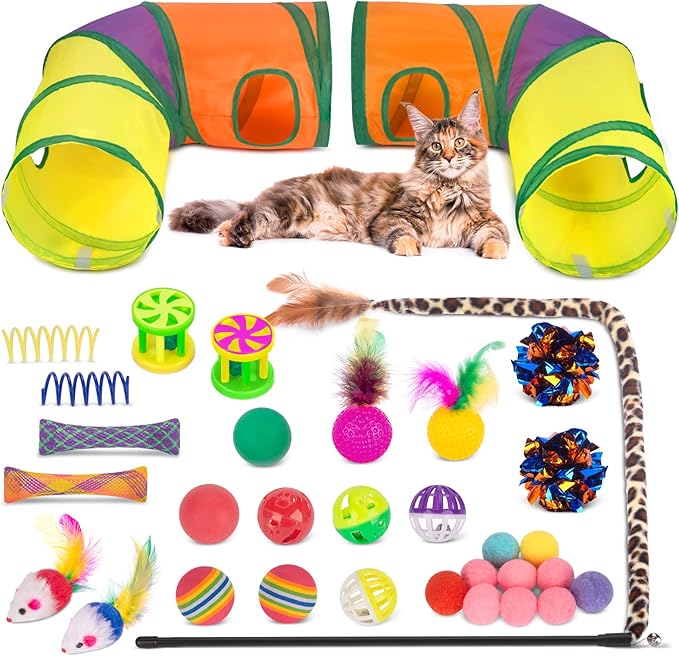 Retro Shaw Cat Toys for Indoor Cats 33 Pack,Kitten Toy Interactive Cat Feather Toy,Collapsible Cat Tunnel Tube Tent,Cat Springs Bell Rainbow Ball Crinkle Toy Mice Toy Pompom Ball Kitty Chase Exercise