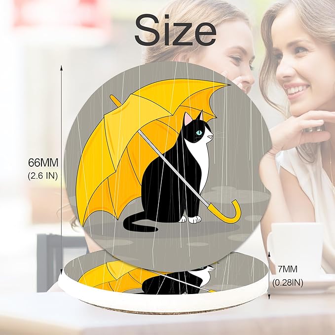 Black Cat Rain Car Coasters for Cup Holders, Absorbent Ceramic Coaster with Cork Back, Car Accessories Gifts for Men Women, 2PCS Universal Anti Slip Car Accessories, Cup Mat for Most Car Interior