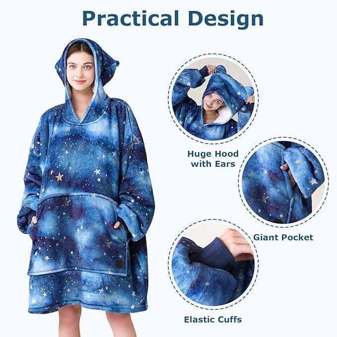 THREE POODLE Wearable Blanket Hoodie for Women, Oversized Sherpa Sweatshirt Blanket for Adults Men, Warm Cozy Star Hooded Blanket, Gifts for Mom Girlfriend Sister