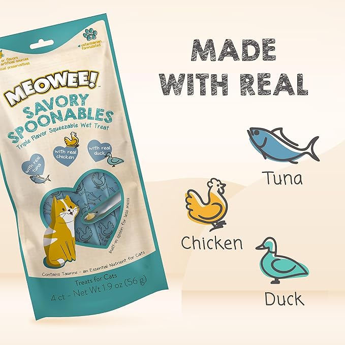 Savory Spoonables with Real Tuna, Chicken & Duck, 4 Count Tube, Triple Flavor Squeezable Lickable Wet Treats for Cats with Built-in Spoon for Less Mess