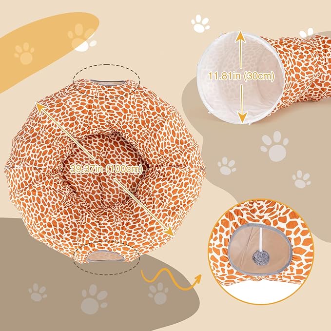 Avont Cat Tunnel Bed with Central Washable Cushion - Large Cat Tunnel Tube Toys 3 Shape to Play for Indoor Cats Kittens Puppies Ferret, Round Plush Fluffy Cat Bed with Tunnels -Giraffe