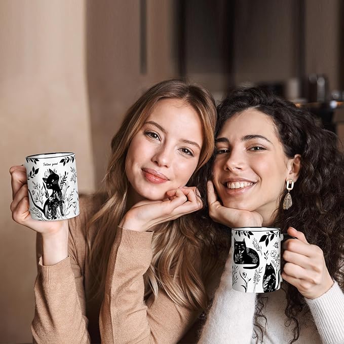 Black Cat Mug 11 Oz Black and White Boho Cats Coffee Mug,Birthday Gifts, Graduation Gift Mothers Day Gifts for Cats Lovers Women,Friends,Mom,Grandma Ceramic Coffee Mugs Microwave & Dishwasher Safe