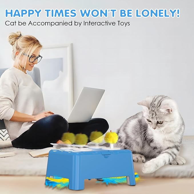 Cat Toys, 2 in1 Automatic Interactive Cat Toys for Indoor Cats, 4 Holes Mice Whack a Mole Cat Mouse Toy with Moving Feather, Rechargeable USB Power Kitten Feather Toys for All Breeds (Blue)