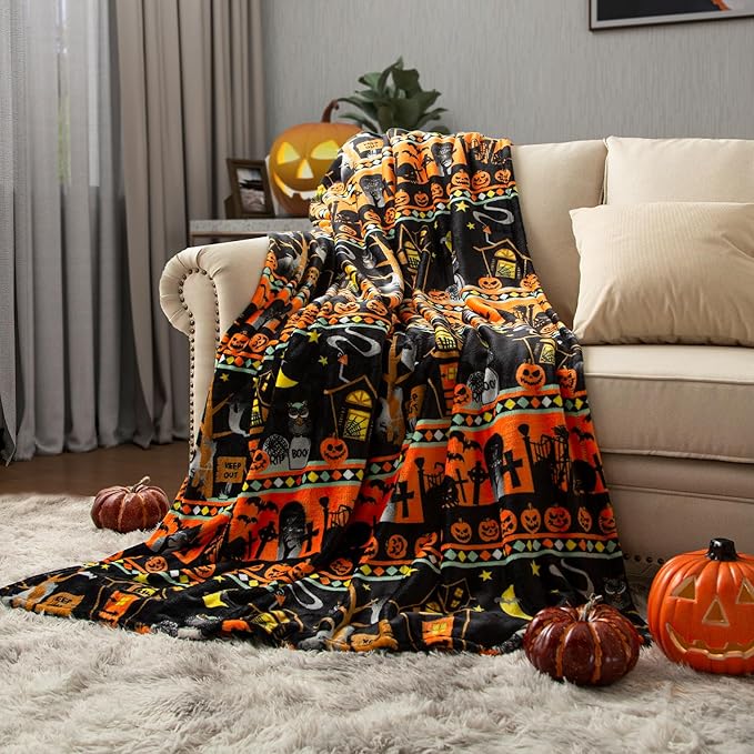 Ghost Halloween Blanket 50” x 70” Reversible Castle Gravestone Pumpkin Print Fleece Throw Blanket, 320 GSM Surper Soft Warm Cozy Blanket for Couch Sofa, Halloween Harvest Gifts and Orange Home Decor