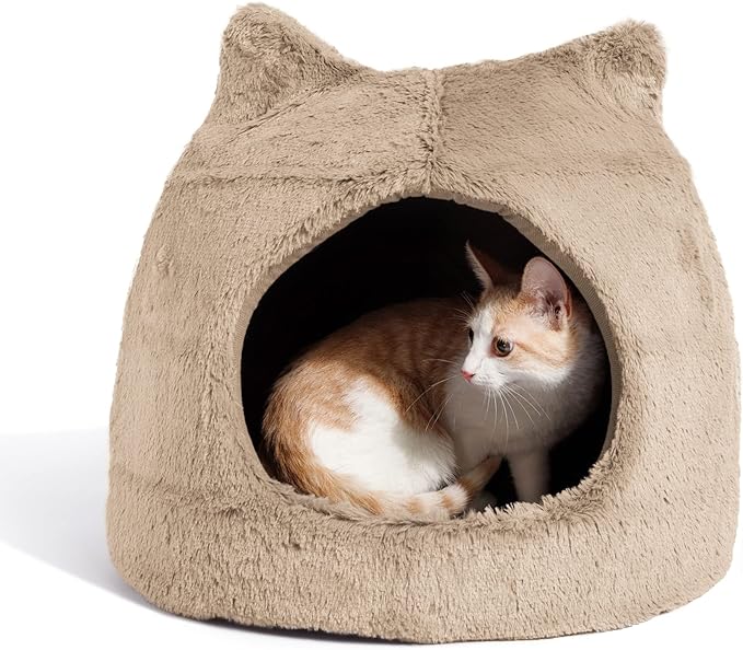 Best Friends by Sheri Meow Hut in Fur Cover Dome Cat and Dog Bed, Wheat, Small