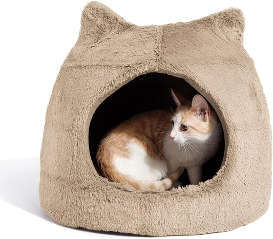 Best Friends by Sheri Meow Hut in Fur Cover Dome Cat and Dog Bed, Wheat, Small