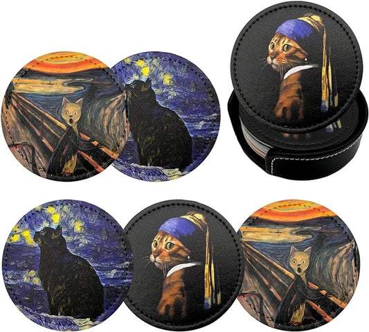Cat Art Coasters for Drinks with Holder Leather Coasters Set of 6 for Coffee Table