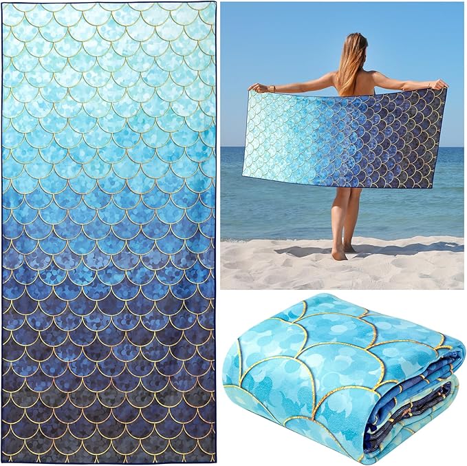 Ombre Blue Beach Towel, Mermaid Beach Tower Cotton Blend Soft Velour Beach Towel Absorbent Bath Towel for Kids Boys Girls Teens Men Women Camping Towel,Gym,Hiking, Pool, Bath, Yoga,Travel Vacation