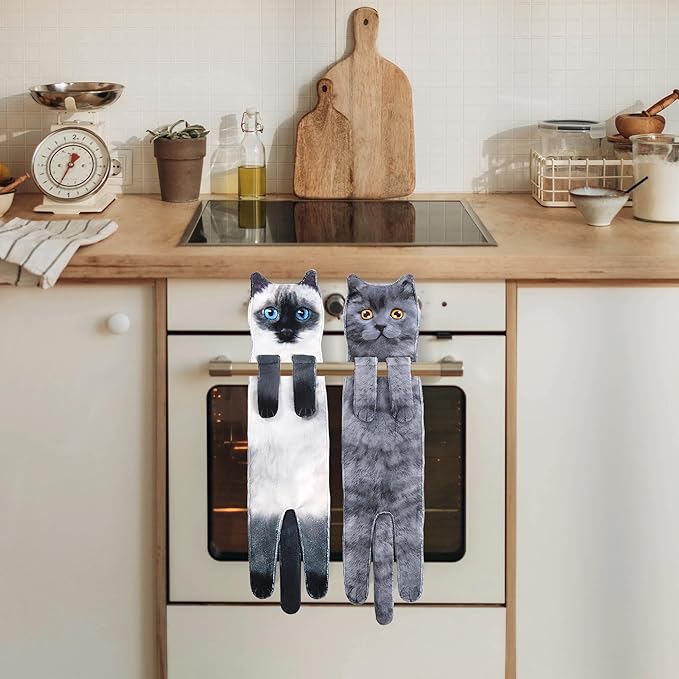 Cat Funny Hand Towels for Bathroom Kitchen- Cute Decorative Kitten Decor Hanging Face Towels- Unique Housewarming Valentines Mothers Birthday Gifts for Women Mom Cat Lovers