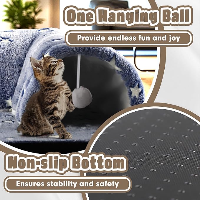Kitten Tunnel Bed Mat, Glow in The Dark Kitten Bed for Indoor Kittens, Perfect Kitten Gift Toy with 3D Memory Foam, Detachable & Machine Washable, Non-Slip Bottom, Blue S