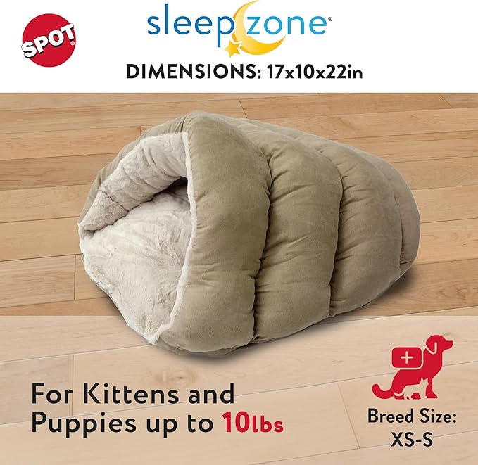 SPOT Sleep Zone Cuddle Cave - Cat Cave Bed for Indoor Cats and Mini Dogs, Durable, Comfortable, Washable for Kittens and Puppies Under 10 lbs and 12 inches Long, Tan Color