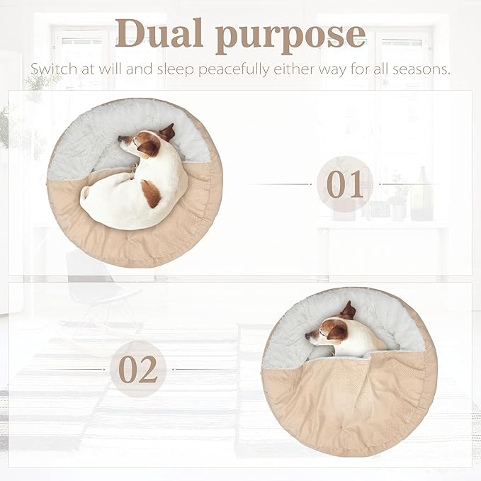 Dog Bed Warm with Hooded Blanket, Anti-Anxiety Puppy Pet Bed Cave Super Soft, Non-Slip Bottom, Machine Washable, Cozy Donut Indoor Pet Beds Fluffy for Dogs and Cats, Fits up to 26.5lbs, 23.6inch Beige
