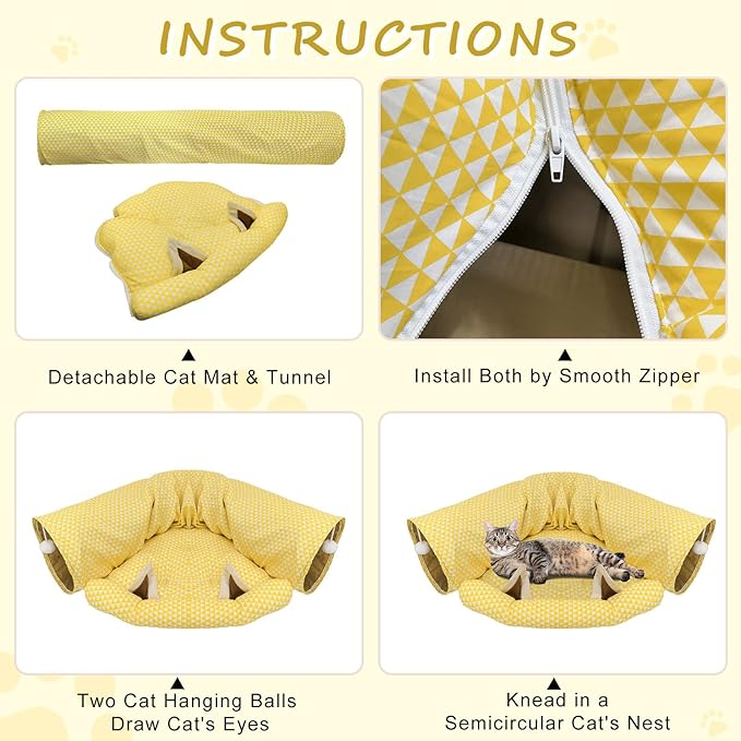 Andiker Cat Tunnels for Indoor Cats with Mat, 2 in 1 Collapsible&Zipper Detachable Soft Cat Bed with A Plush Ball Hideout Cat Interactive Toy Easy to Wash and Clean for All Seasons (Yellow, Moon)
