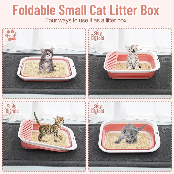 2 Set 14 Pcs Cat Kitten Starter Kit Foldable Cat Litter Box with Shovel Small Litter Pan Collapsible Cat Toilet Paw Litter Mat Cat Collars Cat Bowls Cat Toys Teaser Stick for Beginner(Pink)