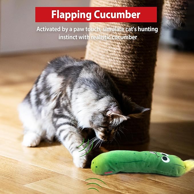 Gigwi Interactive Cat Toys, Rechargeable Flapping Wiggle Pickle with SilverVine Catnip, Beating Tails Cat Toys for Indoor Cat, Touch Activated Best Gift For Birthday, Thanksgiving, Christmas, New Year