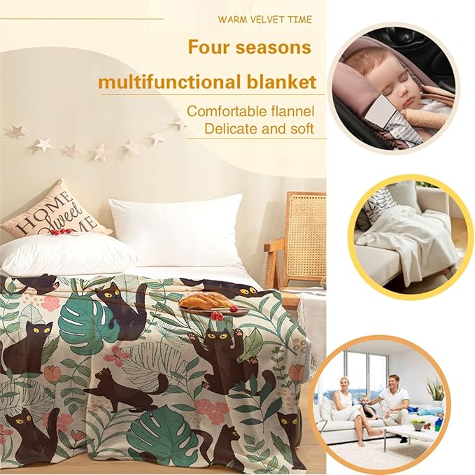 Floral Cat Throw Blanket Super Soft Cozy Black Cat Blanket for Kid Adult Women Men Best Hallowen for Cat Mom Cat Lovers Cute Pet Cat Blanket for Couch Bed Sofa Dorm Home Decor(120"X90")