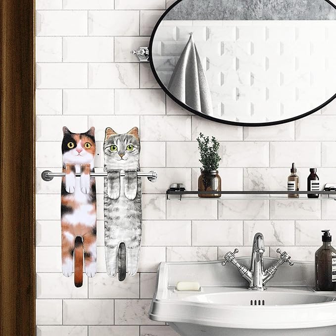 Cat Funny Hand Towels for Bathroom Kitchen- Cute Decorative Kitten Decor Hanging Face Towels- Unique Housewarming Valentines Mothers Birthday Gifts for Women Mom Cat Lovers