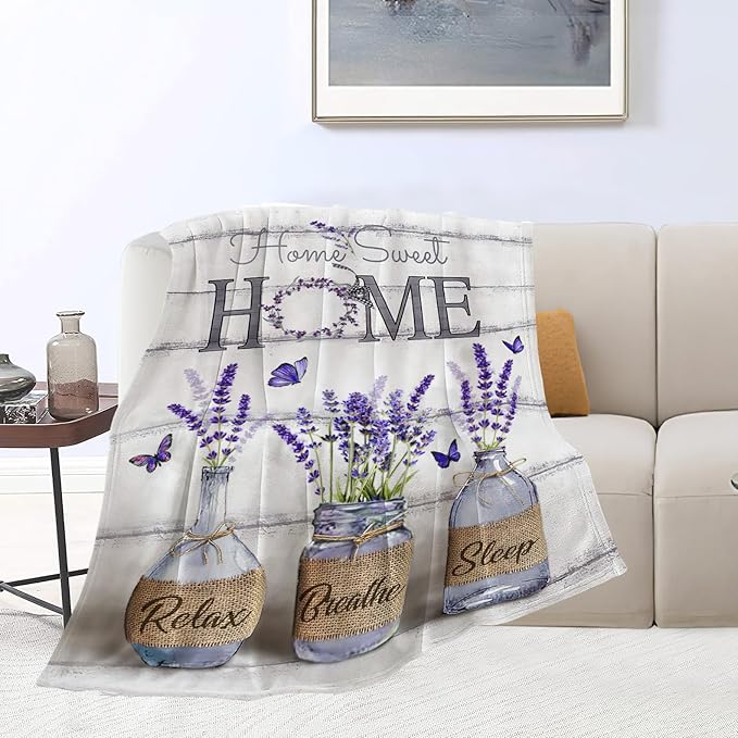 Farmhouse Floral Blanket for Women Girls Ultra Soft Cozy Lavender Flower Throw Blanket Fleece Fuzzy Plush Bedding Blanket Purple Flower Gifts for Women Girls Kids Adults Couch Sofa 60"x50"