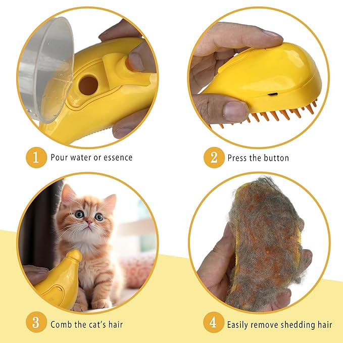 3 in 1 Self-Cleaning Steamer for Cats, Dogs, and Pets - Grooming Brush for Removing Tangled and Loose Fur (Yellow Banana)