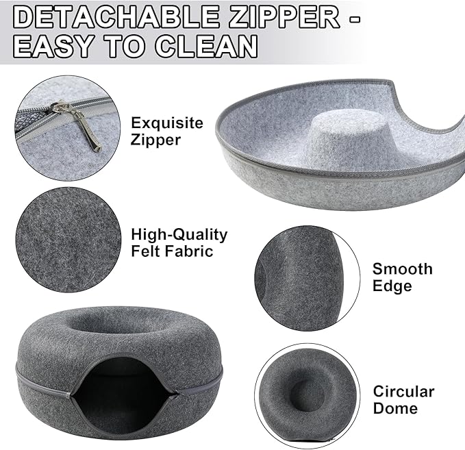 Cat Tunnel,Peekaboo Cat Cave Bed for Indoor Cats,Cat Donut Tunnel for Pet Cat House,Detachable Round Cat Felt & Washable Interior Cat Play Tunnel (20 Inch, Dark Grey)