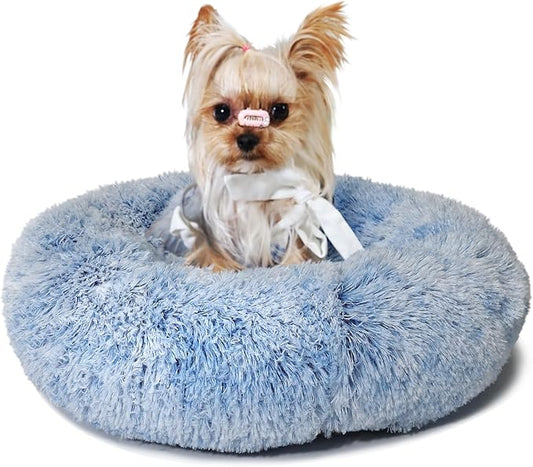 Blue and White Dog Bed Small Washable,Calming Dog Bed for Small Dogs,15 inches Donut Fluffy Pet Beds,Anti Anxiety Round Fits up to 5 lbs Soft Warm Pets Beds for Puppy Dogs Indoor