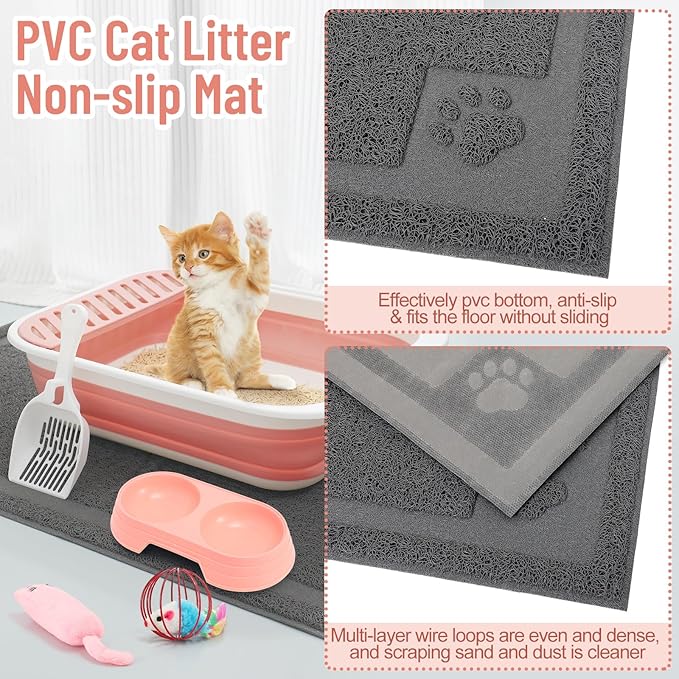 2 Set 14 Pcs Cat Kitten Starter Kit Foldable Cat Litter Box with Shovel Small Litter Pan Collapsible Cat Toilet Paw Litter Mat Cat Collars Cat Bowls Cat Toys Teaser Stick for Beginner(Pink)