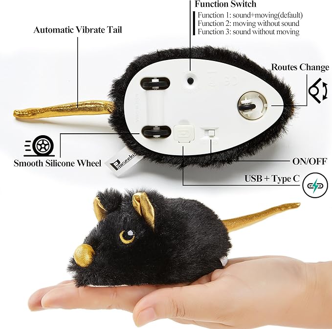 Vealind Cat Toys Rechargeable Mouse with Wagging Tail, Lifelike Squeak Chirping Electronic Mice for Indoor Cats, USB Touch Activated Kitten Toys (Black)