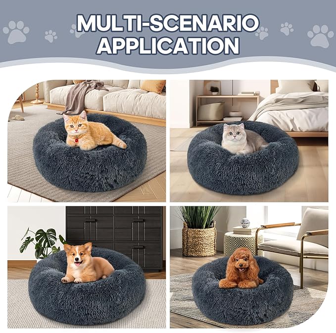 Calming Round Cute Cat & Dog Bed, Anti-Slip Washable Cozy Soft Round Pet Bed, Fluffy Faux Fur Plush Dog Cuddler Bed Fits up to 15 lbs Dogs and Cats(Donut Dark Grey, 20inch x 20inch)
