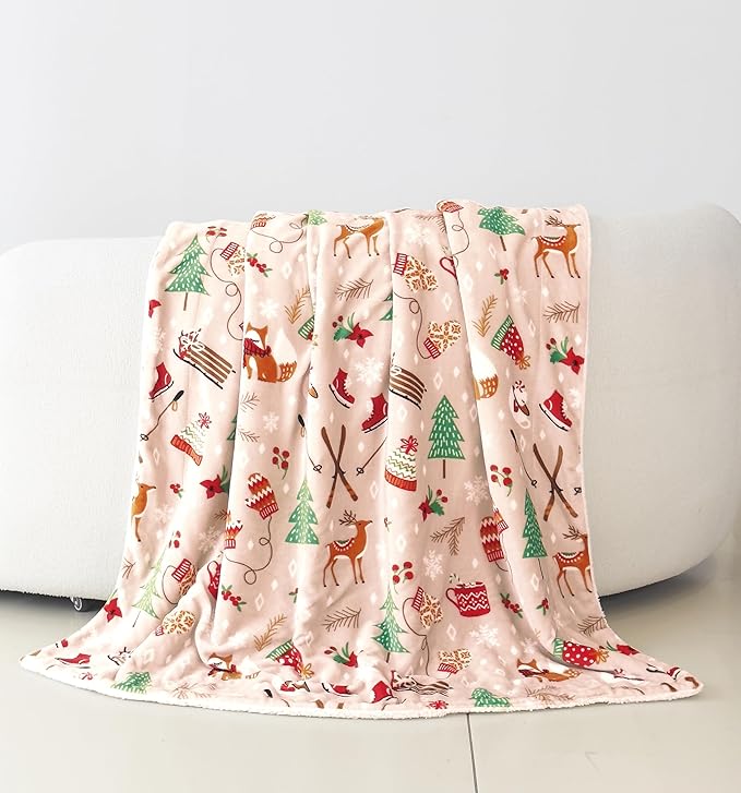 Elegant Comfort Reversible and Ultra-Plush Flannel Fleece-Winter Christmas Sherpa Throw- Lightweight Soft and Cozy-Holiday Decorative Throw, Perfect for Lounging, 50 x 60 inches, Skate and Deers