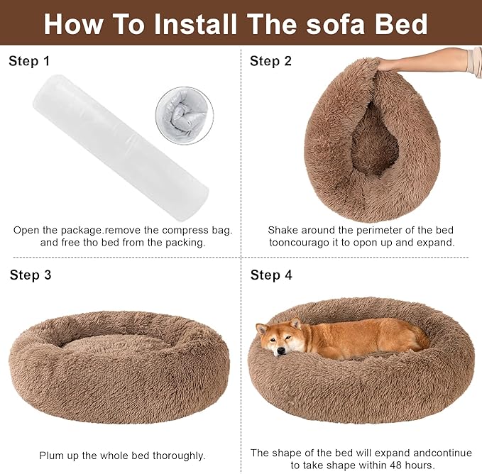 Dog Bed Calming Dog Beds for Small Medium Large Dogs - Round Donut Washable Puppy Dog Bed, Anti-Slip Faux Fur Fluffy Donut Cuddle Anxiety Cat Pet Bed(24 Khaki