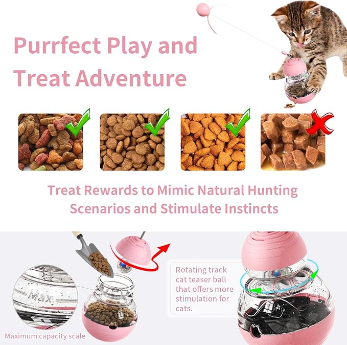 Cat Interactive Toy Indoor, Cat Treat Dispensing Toy, Slow Feeder Puzzle Toy for Cats, Food Dispensing Ball for Pets, Fun Interactive Enrichment Wand Toy for Cats