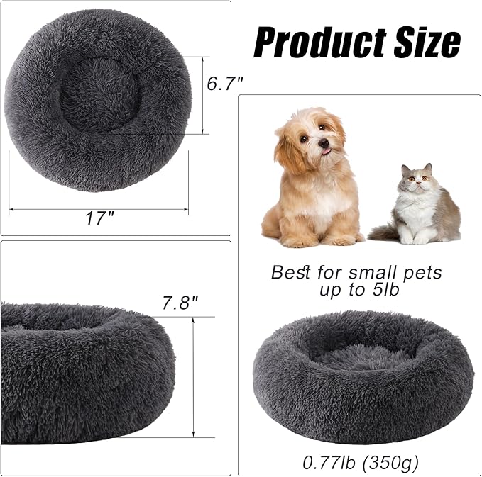 Calming Dog Bed, Dog Beds Fits up to 5 lbs Pets, Fluffy Donut Dog & Cat Bed Washable, Round Anti Anxiety Dog Bed, Small Dog Bed with Non-Slip Bottom (Dark Grey, 17" x 17")