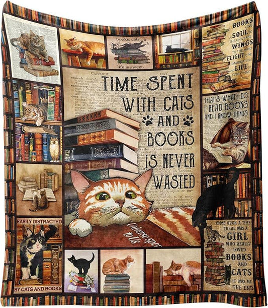 Book Cat Lovers Gifts Blanket,Teacher Gifts for Women Men Book Lover Teacher Librarian Birthday Read Fleece Throw Blanket,Flannel Throw Blanket for Home Living Room Couch Bed Chair Dorm Decor 60"x50"